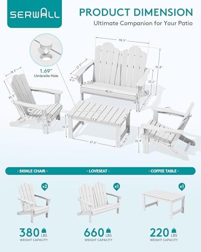 5 Pc HDPE Adirondack Set (White / 2 chair &2 bench &1 coffee table)