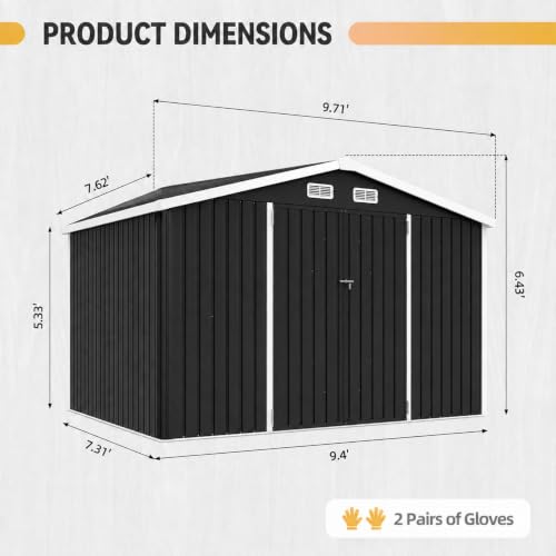 10x8FT Shed with Floor Galvanized Steel Outdoor Storage Shed Black (Black / 10'x8'w)