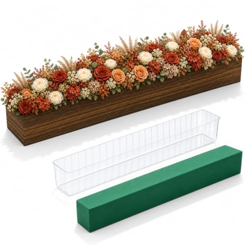1 Set Wood Boxes for Centerpieces 28x5 Inch Rectangle Wooden Planter Box Rustic Wood Planter with Removable Plastic Liner Floral Foam Blocks for Christmas Wedding Home Garden Decor (28 x 5 Inch / Dark Brown)
