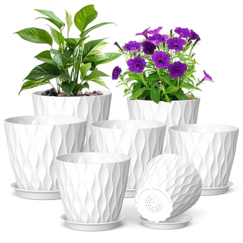 7/6.5/6/5.5/5/4.5/4 inch Plant Pots for Indoor Outdoor Plants, 7 Pack Thick Flower Pots with Drainage Holes and Saucers, Modern Wave Texture Plastic Planter Pots for Nursery, Succulent, White (White / 7+6.5+6+5.5+5+4.5+4 inch 7 pieces)