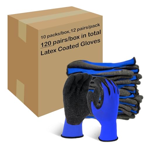 Crinkle Latex Rubber Hand Coated Safety Work Gloves for Men Women General Multi Use Construction Warehouse Gardening Assembly Landscaping (Large / Blue-120 Pairs)