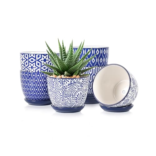Ceramic Succulent Pots (Vintage Blue / 4.6 Inch, Set of 6)