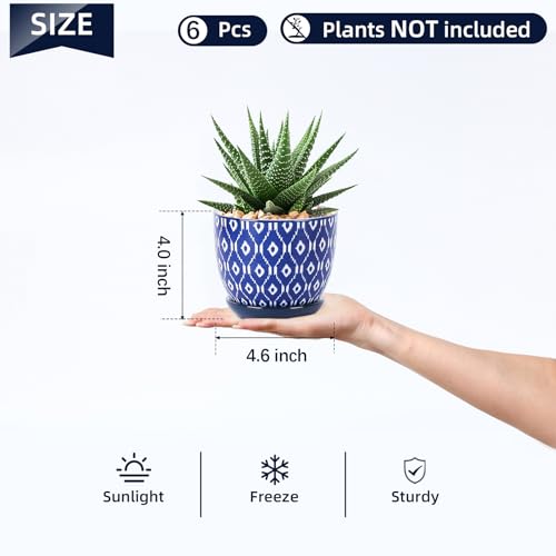 Ceramic Succulent Pots (Vintage Blue / 4.6 Inch, Set of 6)
