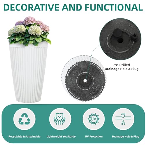 Autodaya 20" Tall Fluted Resin Planters Set of 2 with Drainage Holes (White Fluted-20"h)