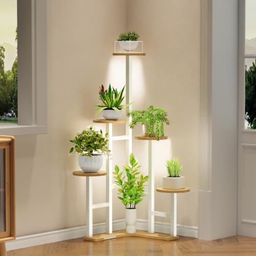 Corner Plant Stand Indoor with Grow Lights 6 Tiered Corner Plant Shelf (White Oak(with Lights) / 6 Tier-Round)