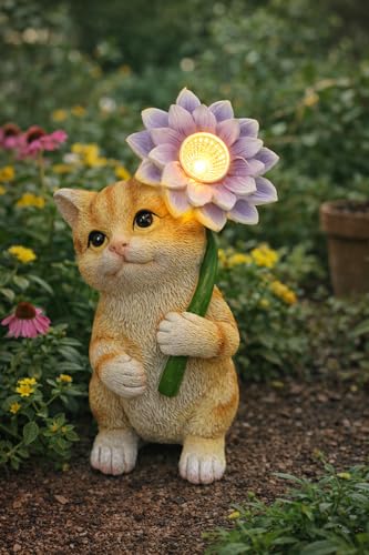 Solar Cat Garden Statue with LED Flower for Mom Woman (Kitten)