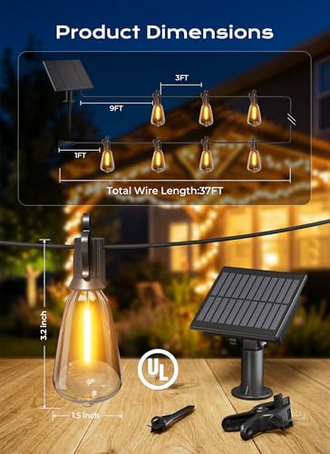 37FT Solar String Lights Outdoor (37FT(10 Sockets))