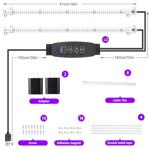 LED Grow Light Strips for Indoor Plants (Red / White / 16Inch 2 Head 2 Pack)