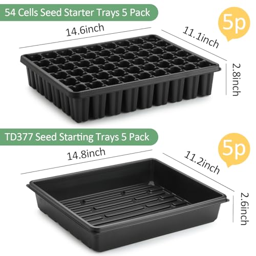 5 Pack Seedling Starter Trays No Holes and 5 Pack 54 Cell Seed Starter Trays Extra Deep 2.8" (54 Cells Plug Tray-5P+54 Cells Bottom Tray-5P)