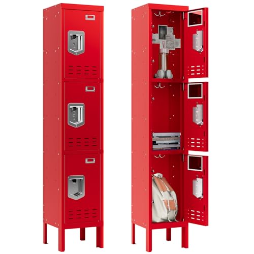 Metal Lockers (Red / 3 Door-(66.15" H x 11.8" W x 11.8" D))
