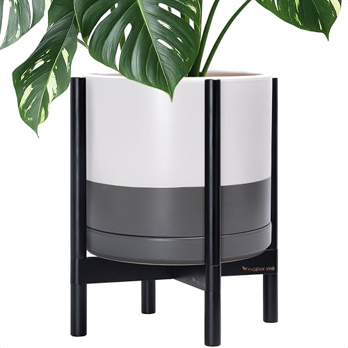 Ceramic Pot with Ebony Wood Stand (14 Inch / White/Grey Pot + Ebony Stand)