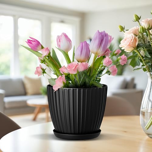 Black 6 Inch Plant Pots with Drainage & Saucers 3 Pack (3 Count)