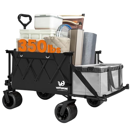 Collapsible Folding Wagon Heavy Duty Utility Beach Wagons with Opened Tailgate and All (Black / No Table)