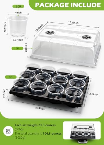 5 Pack 12 Cell Nursery Pot Trays with Adjustable Humidity Domes & 4 Inch Clear Pots 60 Pack (Black + Clear / 4 Inch 60 Pack Pots With 5 Pack Trays with Domes)