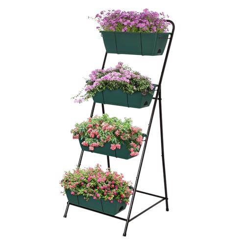 Vertical Raised Garden Bed 4 Tier Garden Planter for Outdoor Plants Standing Garden Planters with Drainage Holes Removable Tray for Herbs Flowers Vegetables Plants (Green)