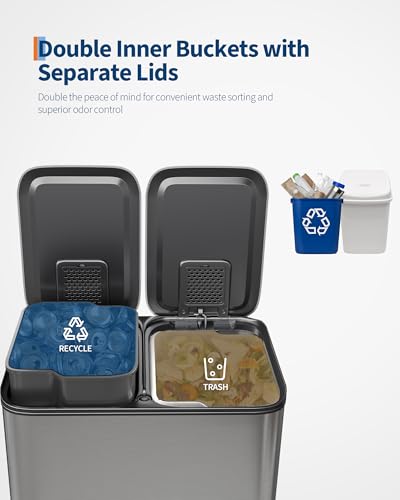 2 x 8 gal Stainless Steel Double Trash Can with Lid for Kitchen (Stainless Steel / 2 x 8 gallon)