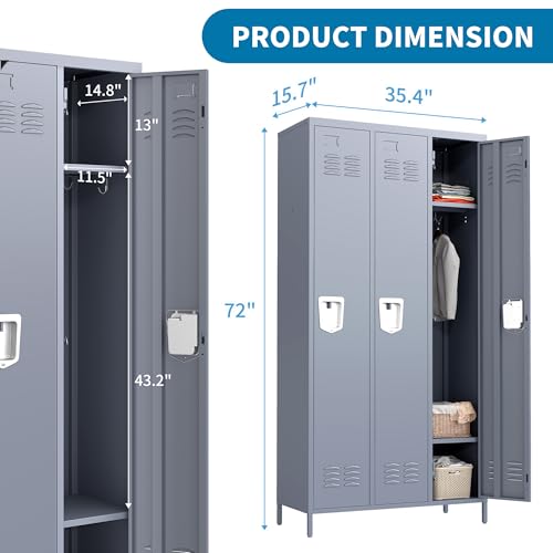 3 Doors Metal Lockers for Employees 71" H Storage Cabinet Lockable Locker with Shelves Steel Storage Locker for Gym School Office Home Requires Assembly (3 doors-72" / Grey)