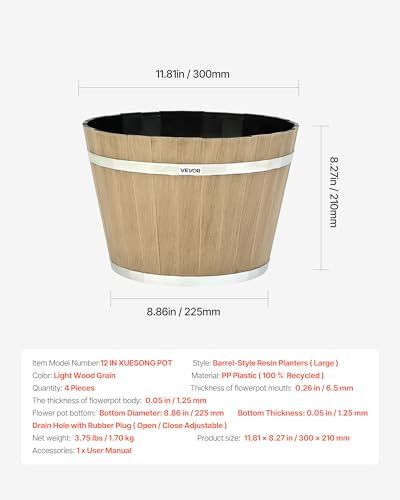 Plant Pots 4 Pack 11.81 inch Whiskey Barrel Planters with Drainage Holes (11.81 in, 4 Pcs / Modern)