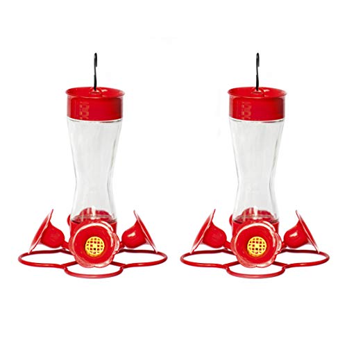 Bird Feeder 4 bee Guard Plastic Feeding Port 8oz Glass Pinch Waist Hummingbird Feeder (2pcs / Red)