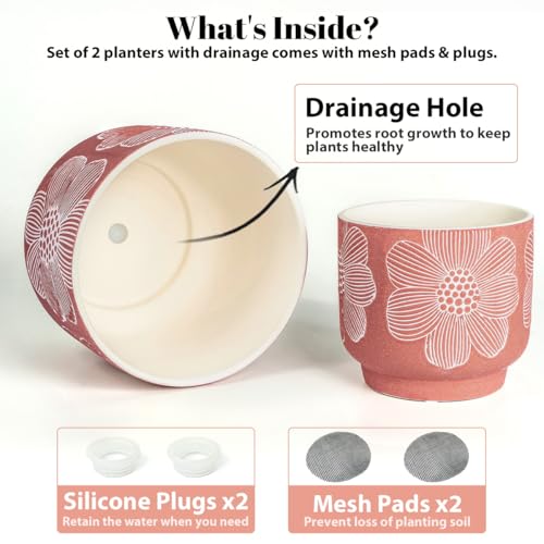 Ceramic Plant Pots (8+6 Inch / Mordern Red Floral)