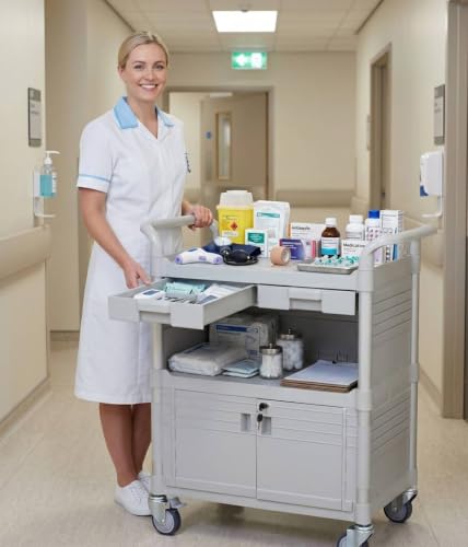 Equip Larger 3 Shelf Heavy Duty Lockable Hospital cart Medical cart (White3kd1)