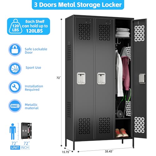 Upgrade Metal Lockers for School Office Gym Bedroom (Black-hw / 3 Doors)