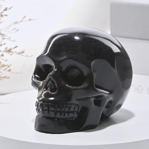 5''Natural Silverstone Obsidian Crystal Skull Head Hand Carved Reiki Healing Stone Statue Healing Home Office Art Room Decoration (Silverstone Obsidian / 5inch)