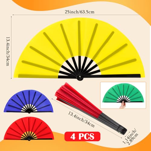 4 Packs Large Folding Hand Fans (Red,yellow,green and Blue)