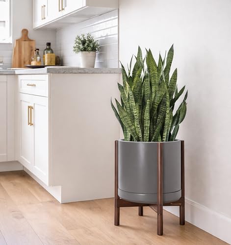 Ceramic Pot with Walnut Wood Stand (14 Inch / Grey Pot + Walnut Color Stand)