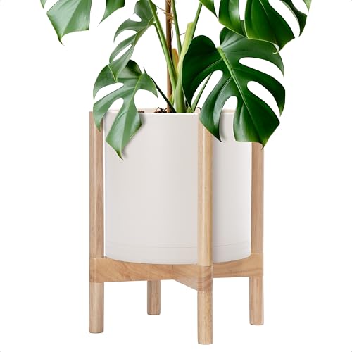 Plastic Pot with Natural Wood Stand (Oatmeal Pot + Natural Stand / 12 Inch)