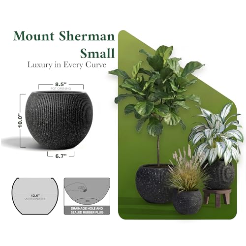 Premium Mt Sherman Fiberstone Sphere Planter for Indoor Outdoor Use (Ribbed Black / Small 12.6''D x 10''H)