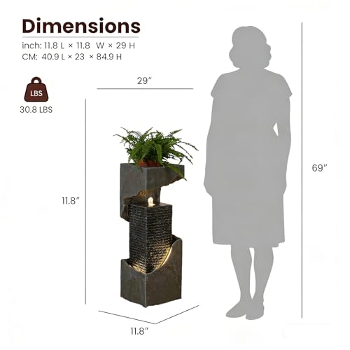Modern Rectangular Water Fountain Outdoor with LED Lights & Planter Top (Graymodern35.4)
