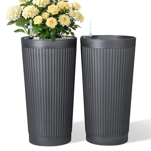 Set of 2 Large Round Tall Planter for Indoor or Outdoor 24" Flower Pots for Porch (Round Ribbed Gray / 24")
