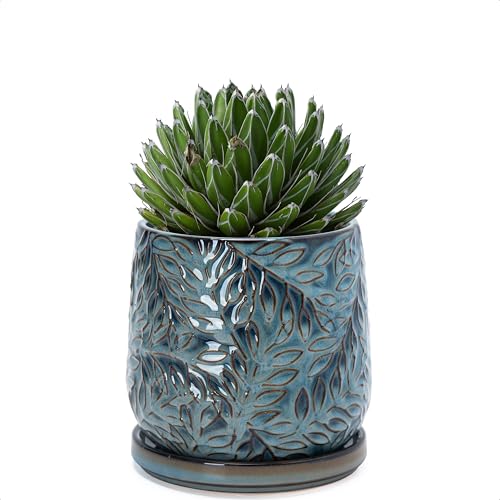 Embossed Leaves Ceramic Planter (5 Inch / Ocean Teal)