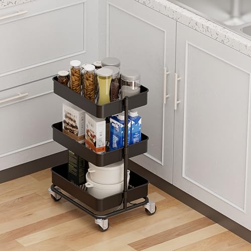 3 Tier Modern Metal Rolling Tool Cart with Silent Casters (Black / 15.35×11.81×23.74 inch)