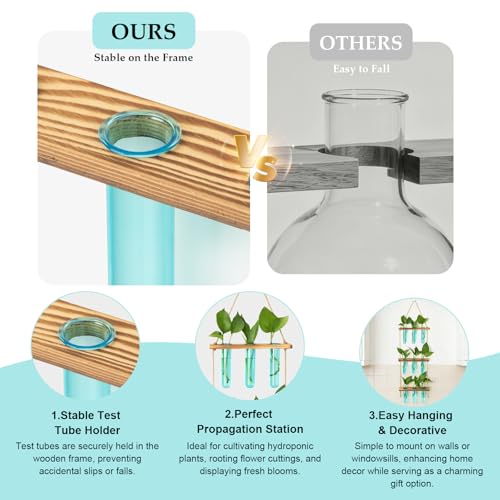 Wall Hanging Propagation Station with Wooden Stand Blue (Blue-9 Tube Vase)