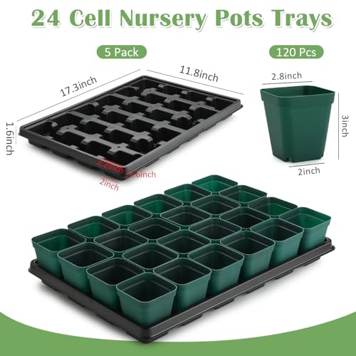 2.8 inch (7CM) Square Nursery Pots 120pcs (Green) and 24 Cell Nursery Pots Trays 5 Pack, Plastic Seedling Starter Tray with Drain Holes for Carrying and Holding Plant Pot(17"x11"x1.6") (Green / Pots 120 Pcs with 5 Pack Trays)
