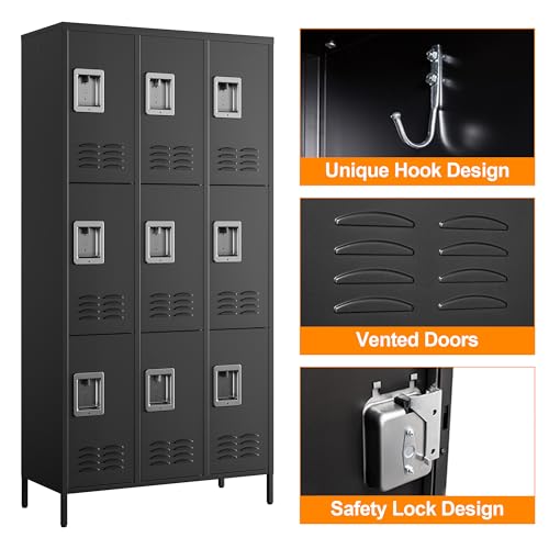 Metal Locker with 9 Doors Employees Locker (Black(4 Legs) / 9 Doors-Wide-71")