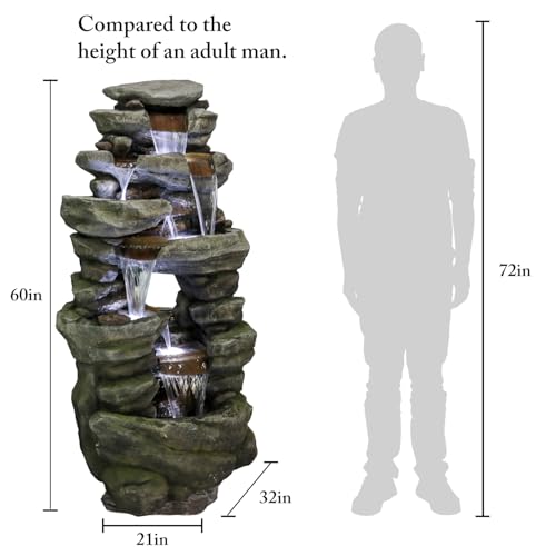 60" High 7 Tiers Cascading Rock Outdoor Water Fountain with LED Lights
