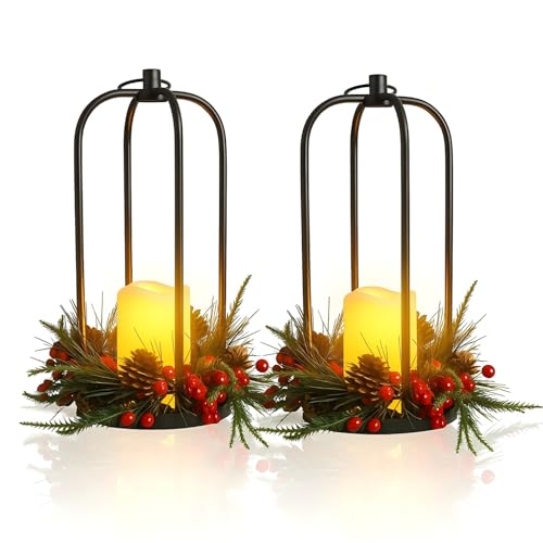 14 Inch Metal Christmas Lanterns Set of 2 with LED Flameless Candles