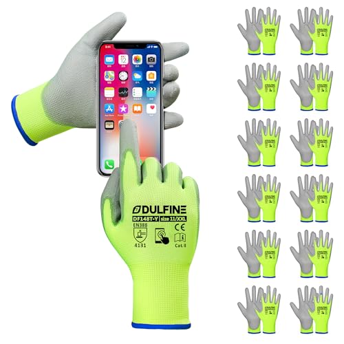 Touchscreen Safety Work Gloves for Men 12 Pairs PU Coated Yellow S (12 Count)
