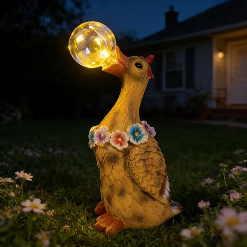 Porch Goose Statue with Solar Bubble Light Garden Yellow Figurine Decor for Yard Lawn Patio Outdoor Decorations Housewarming Gifts for Mom Grandma Women (Yellow Goose)