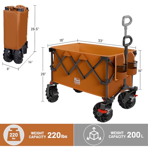 Outdoor Collapsible Folding Wagon with Brakes and Cup Holders (Orange / 200L)
