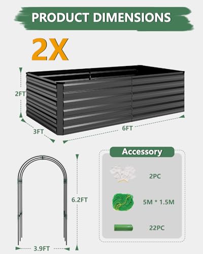 6x3x2ft Raised Garden Bed Outdoor (Black / Arched Trellis with 2 Beds-6x3x2 FT)