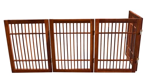 Freestanding Wooden Dog Gate Foldable Indoor Pet Gate No Drill Expandable Barrier for Doorways Stairs Hallways Portable Wood Fence for Small Dogs & Puppies (4 Panel 24" Tall / Brown Pet Gate)
