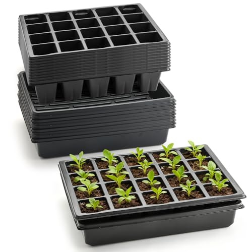 10 Pack 2.5 inch Square Pots 3.5 inch Deep 20 Cell Seedling Plug Trays with Water Collection Nursery Trays (20 Cell Plug Trays + Flat Trays-10P)