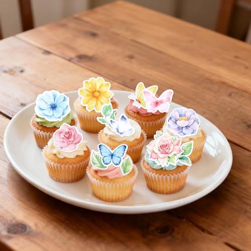 65 PCS Edible Flowers Cupcake Toppers Wafer Paper Daisy Green Leaves Rose Flower Cupcake Picks Edible Flowers Cake Decorations for Baby Shower Wedding Birthday Party Cake Decorations Supplies (Pattern 1)