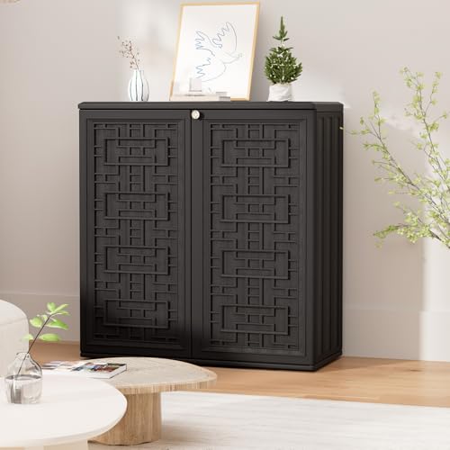 Indoor Outdoor Storage Cabinet with Doors and Shelf (Black)