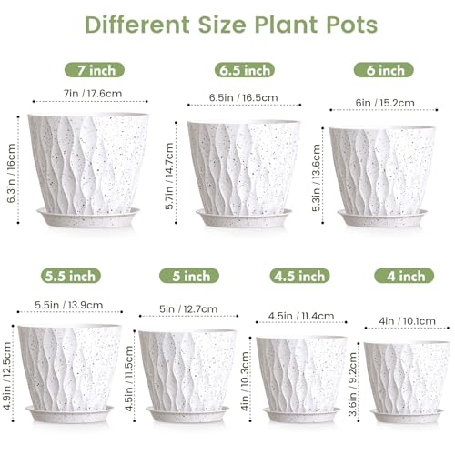 7/6.5/6/5.5/5/4.5/4 inch Plant Pots for Indoor Outdoor Plants, 7 Pack Thick Flower Pots with Drainage Holes and Saucers, Modern Wave Texture Plastic Planters Nursery Pots, Speckled White (White With Black Speckles / 7+6.5+6+5.5+5+4.5+4 inch 7 pieces)