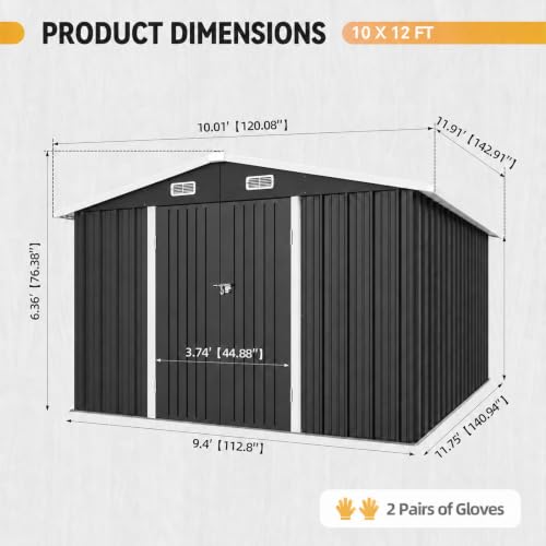 10x12FT Shed with Floor Galvanized Steel Outdoor Storage Shed Black (Black / 10'x12'w)